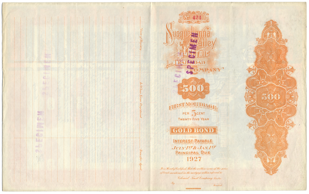 Susquehanna Valley Electric and Railroad Company Specimen Bond Certificate