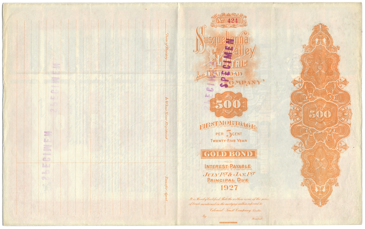 Susquehanna Valley Electric and Railroad Company Specimen Bond Certificate