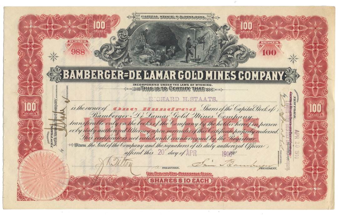 Bamberger-De Lamar Gold Mines Company Stock Certificate Signed by Simon Bamberger