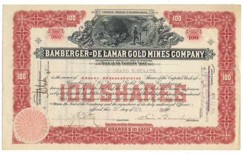 Bamberger-De Lamar Gold Mines Company Stock Certificate Signed by Simon Bamberger
