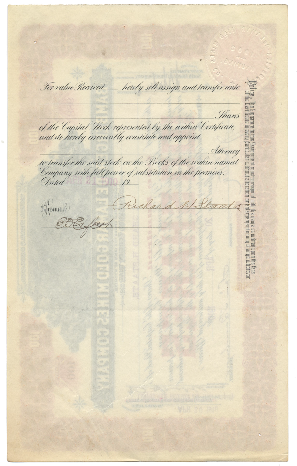 Bamberger-De Lamar Gold Mines Company Stock Certificate Signed by Simon Bamberger