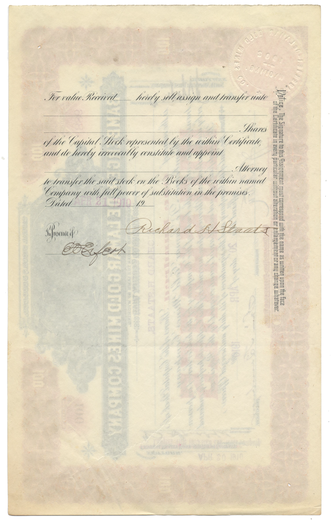 Bamberger-De Lamar Gold Mines Company Stock Certificate Signed by Simon Bamberger