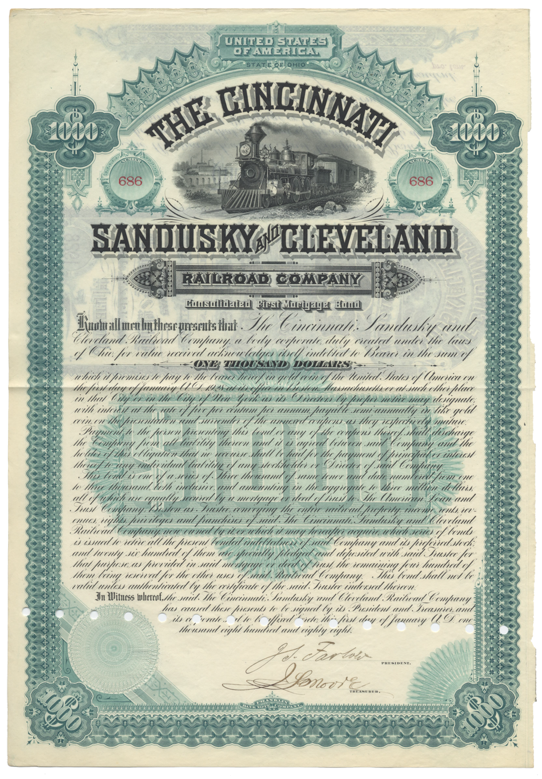 Cincinnati, Sandusky and Cleveland Rail Road Company Bond Certificate