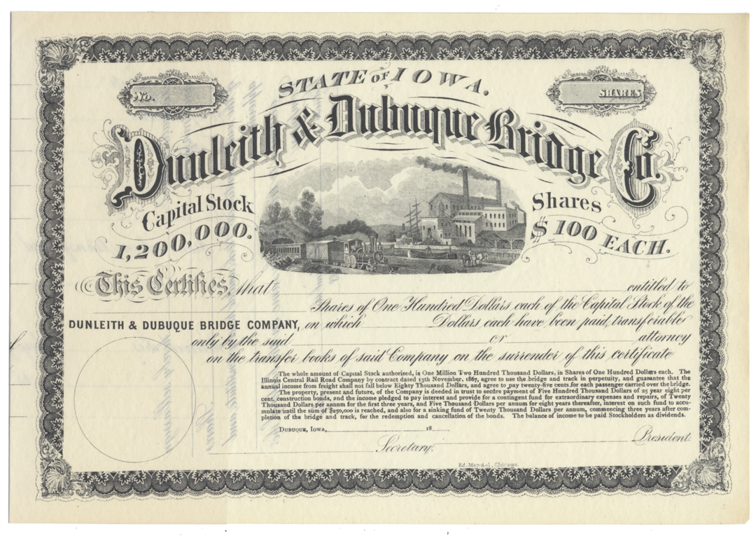 Dunleith & Dubuque Bridge Company Stock Certificate