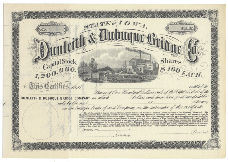 Dunleith & Dubuque Bridge Company Stock Certificate