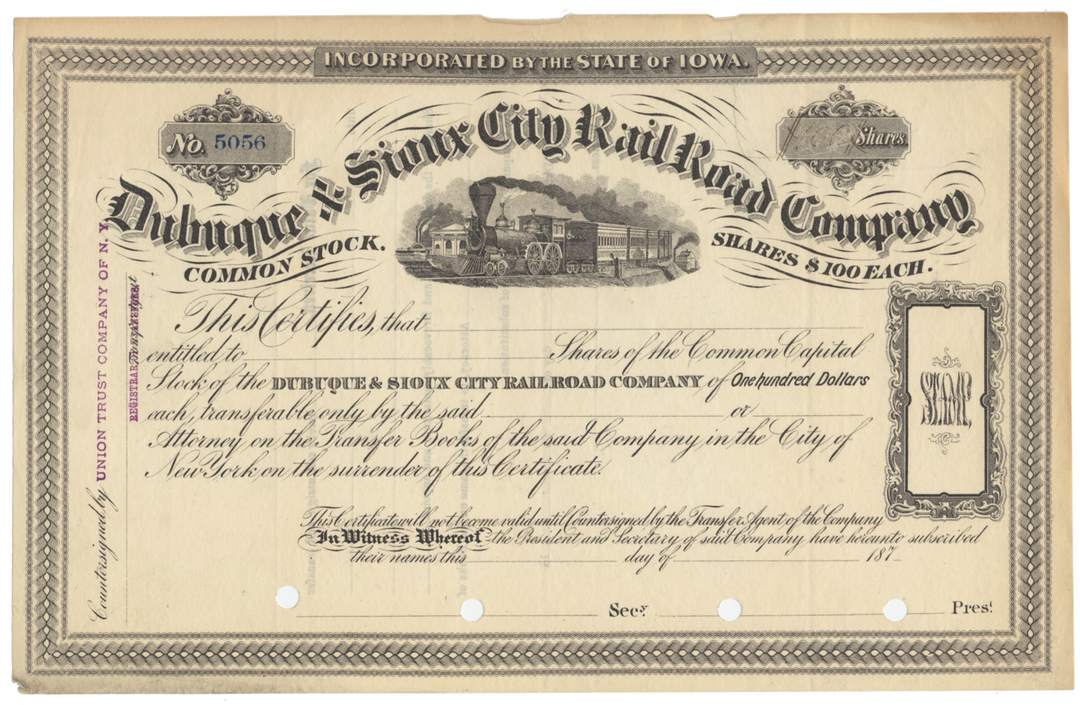 Dubuque & Sioux City Rail Road Company Stock Certificate