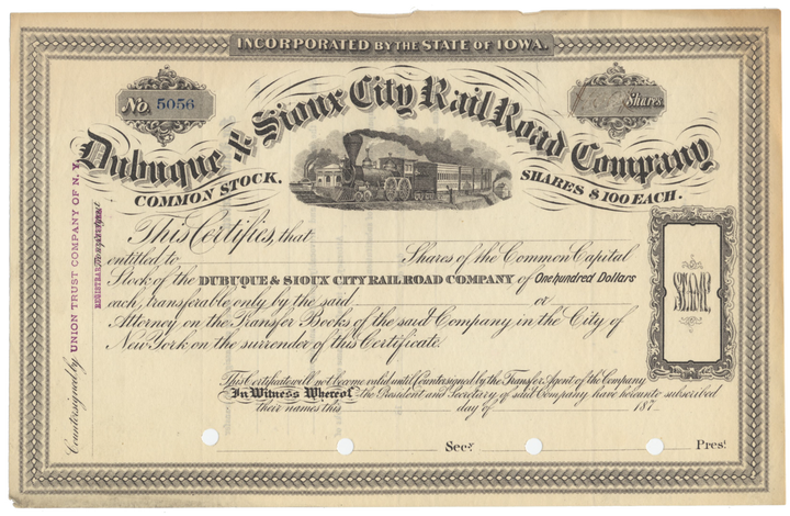 Dubuque & Sioux City Rail Road Company Stock Certificate