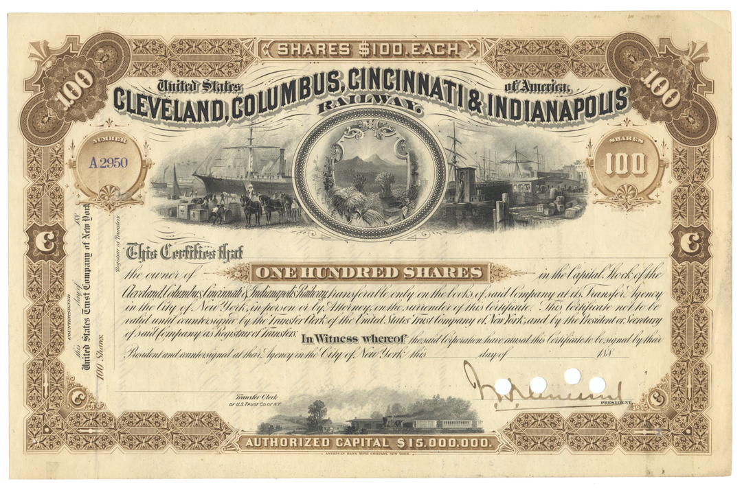 Cleveland, Columbus, Cincinnati & Indianapolis Railway Company Stock Certificate Signed by John Henry Devereux