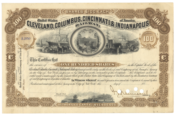 Cleveland, Columbus, Cincinnati & Indianapolis Railway Company Stock Certificate Signed by John Henry Devereux