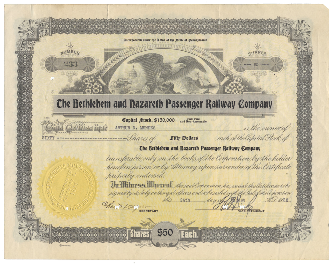 Bethlehem and Nazareth Passenger Railway Company Stock Certificate