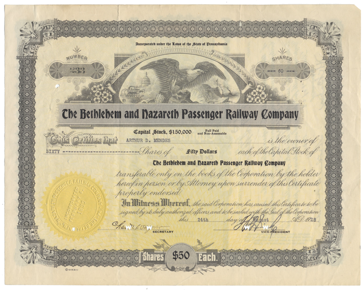 Bethlehem and Nazareth Passenger Railway Company Stock Certificate