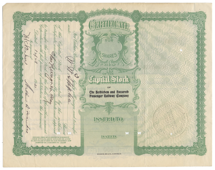 Bethlehem and Nazareth Passenger Railway Company Stock Certificate