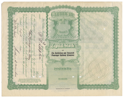 Bethlehem and Nazareth Passenger Railway Company Stock Certificate