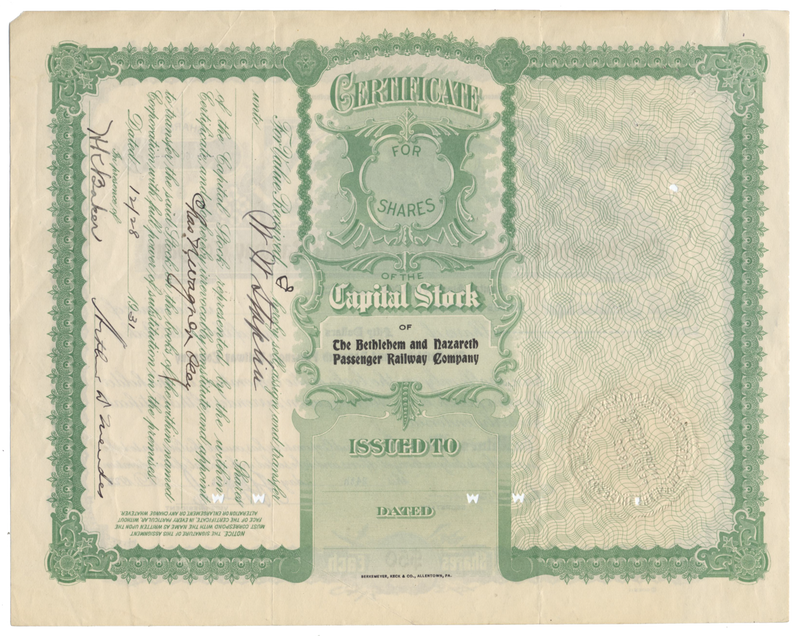 Bethlehem and Nazareth Passenger Railway Company Stock Certificate