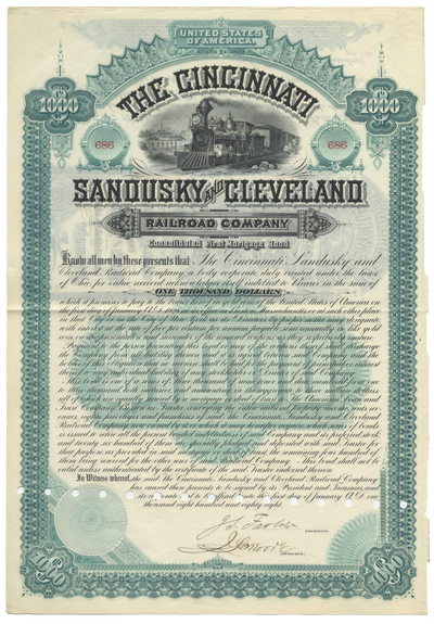 Cincinnati, Sandusky and Cleveland Rail Road Company Bond Certificate