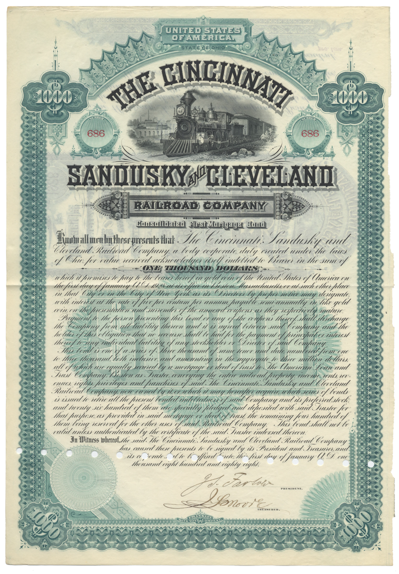 Cincinnati, Sandusky and Cleveland Rail Road Company Bond Certificate