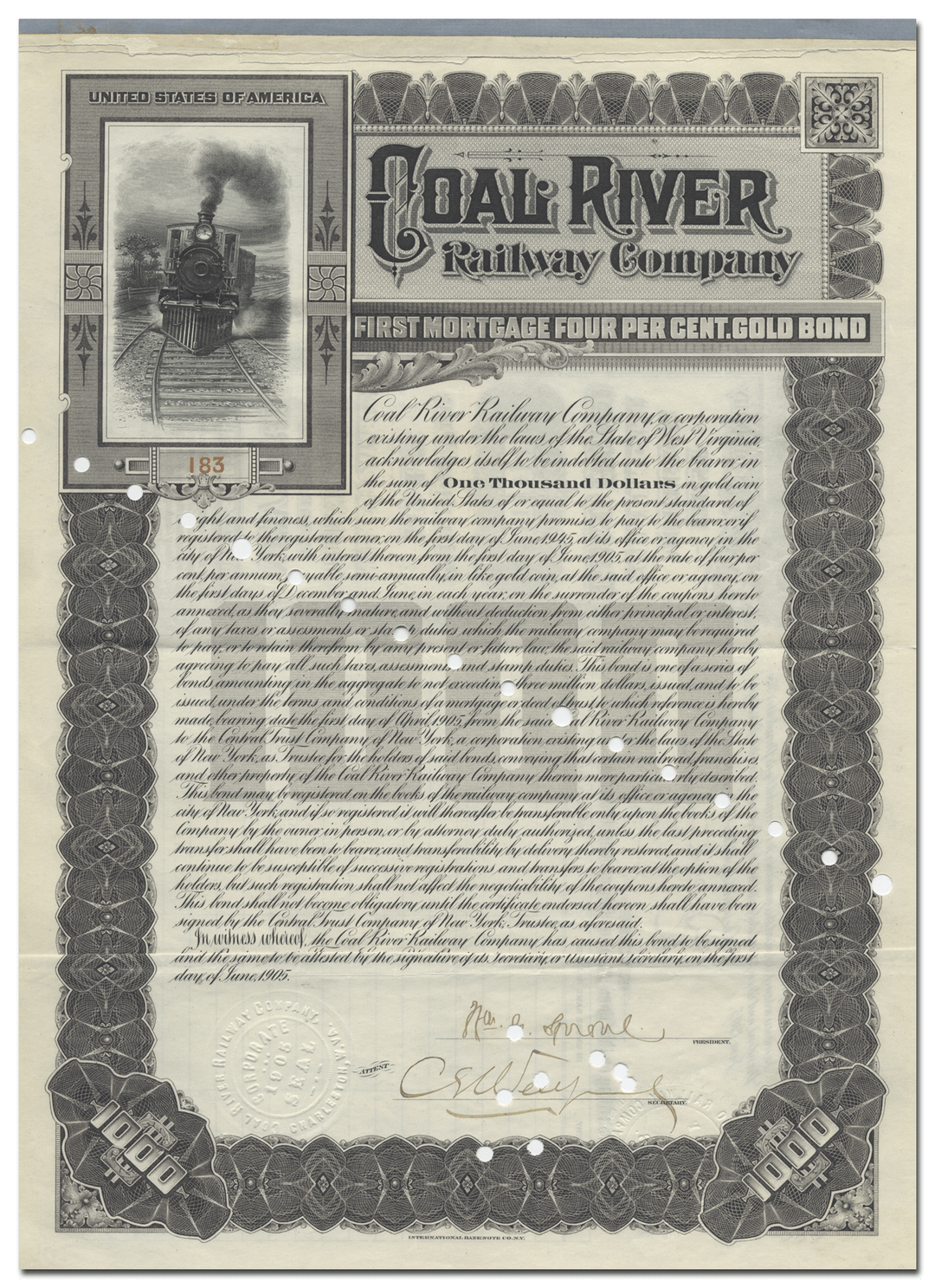 Coal River Railway Company Bond Certificate