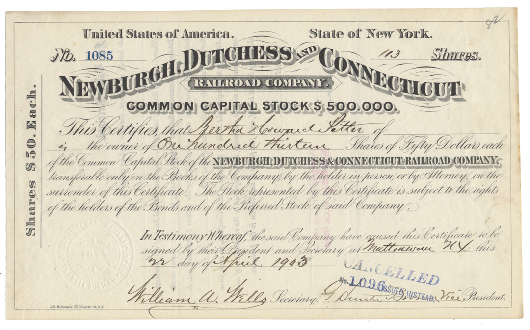 Newburgh, Dutchess and Connecticut Railroad Company Stock Certificate