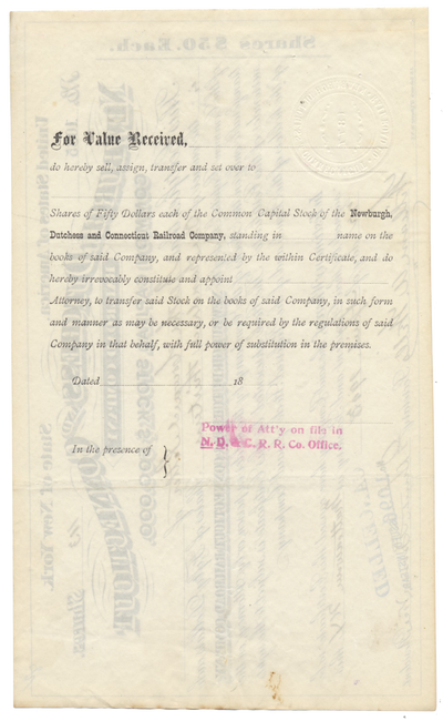 Newburgh, Dutchess and Connecticut Railroad Company Stock Certificate
