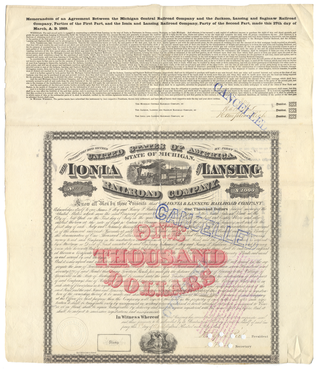 Ionia and Lansing Railroad Company Bond Certificate Signed by James F. Joy