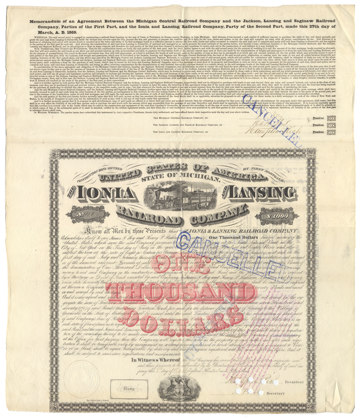 Ionia and Lansing Railroad Company Bond Certificate Signed by James F. Joy