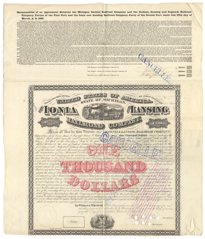 Ionia and Lansing Railroad Company Bond Certificate Signed by James F. Joy