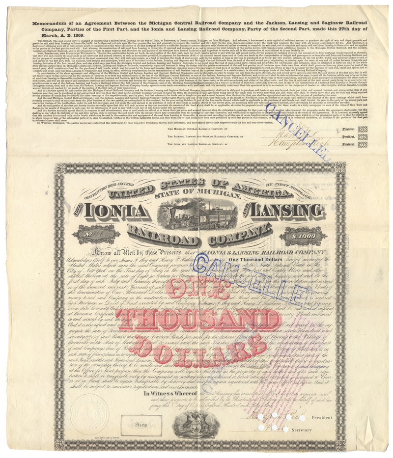 Ionia and Lansing Railroad Company Bond Certificate Signed by James F. Joy