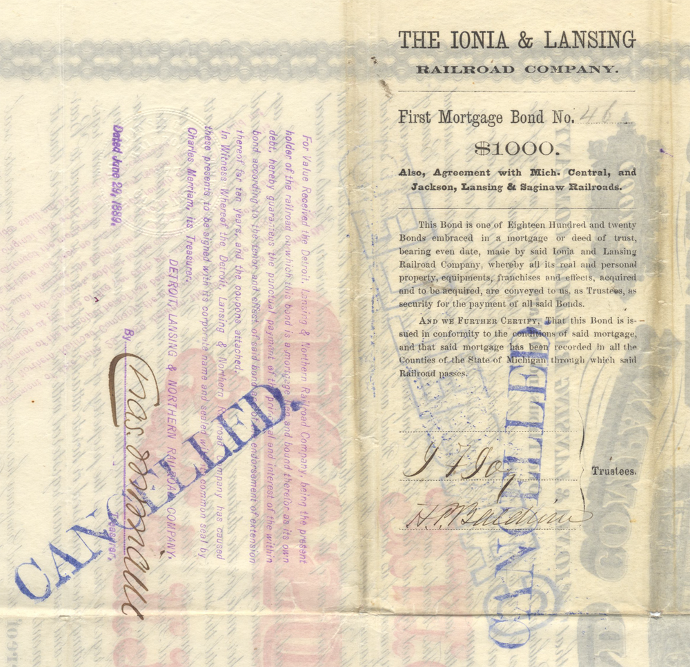 Ionia and Lansing Railroad Company Bond Certificate Signed by James F. Joy