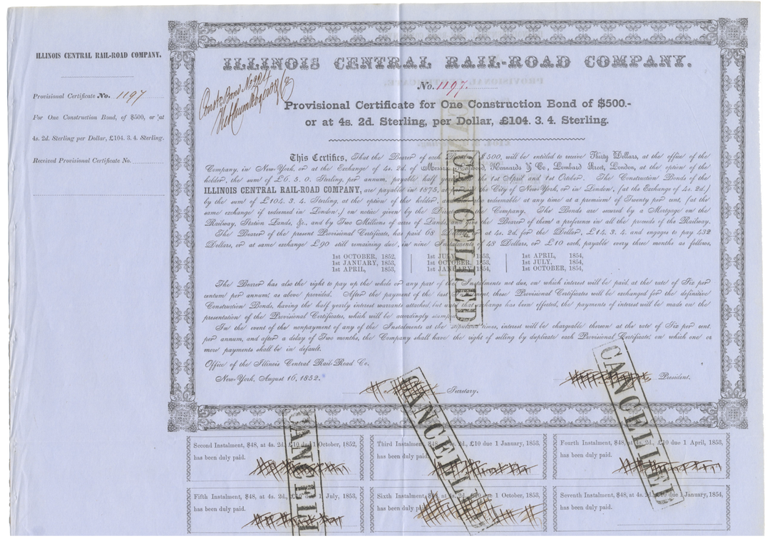 Illinois Central Rail-Road Company Bond Certificate Signed by Robert Schuyler