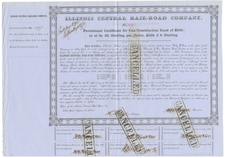 Illinois Central Rail-Road Company Bond Certificate Signed by Robert Schuyler