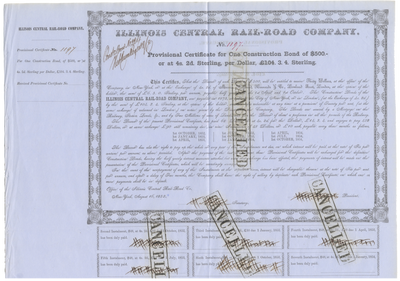 Illinois Central Rail-Road Company Bond Certificate Signed by Robert Schuyler