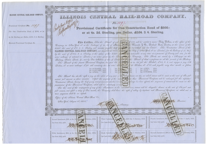Illinois Central Rail-Road Company Bond Certificate Signed by Robert Schuyler