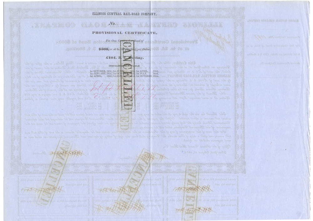 Illinois Central Rail-Road Company Bond Certificate Signed by Robert Schuyler