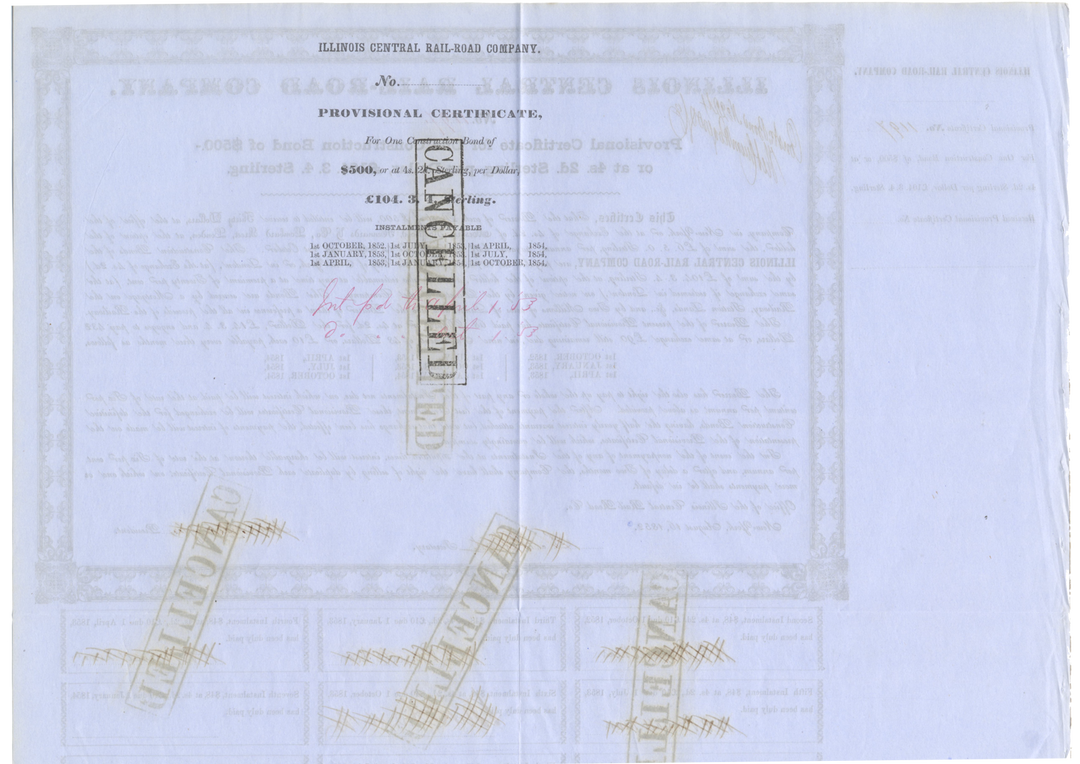 Illinois Central Rail-Road Company Bond Certificate Signed by Robert Schuyler