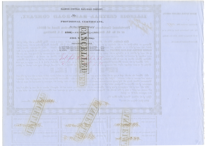 Illinois Central Rail-Road Company Bond Certificate Signed by Robert Schuyler