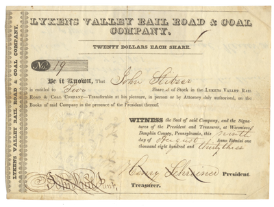 Lykens Valley Rail Road and Coal Company Stock Certificate