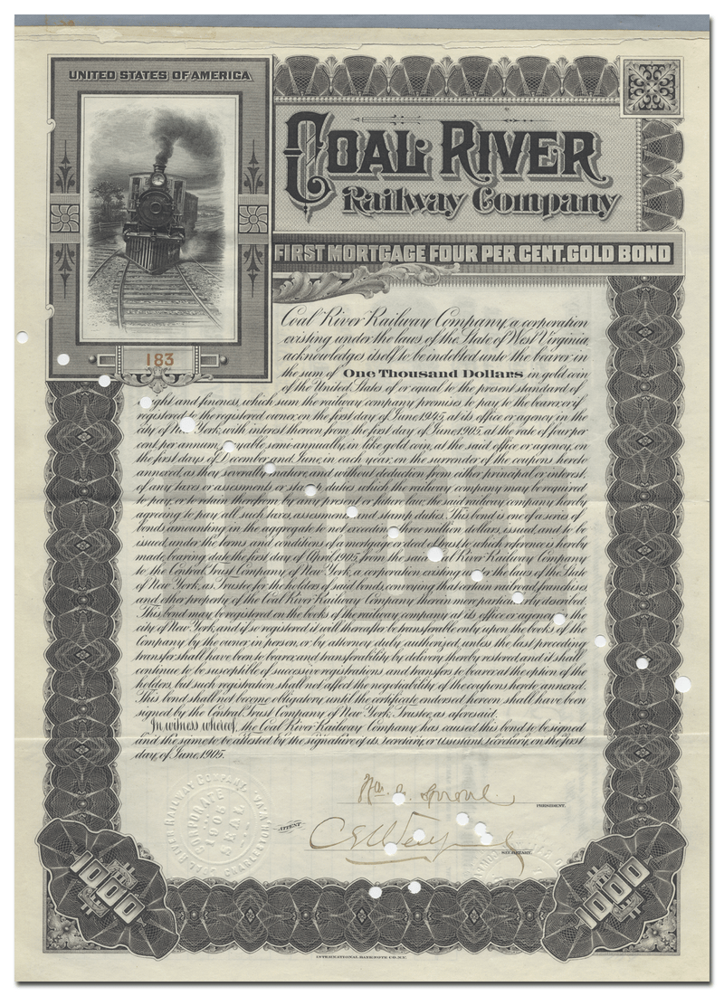 Coal River Railway Company Bond Certificate