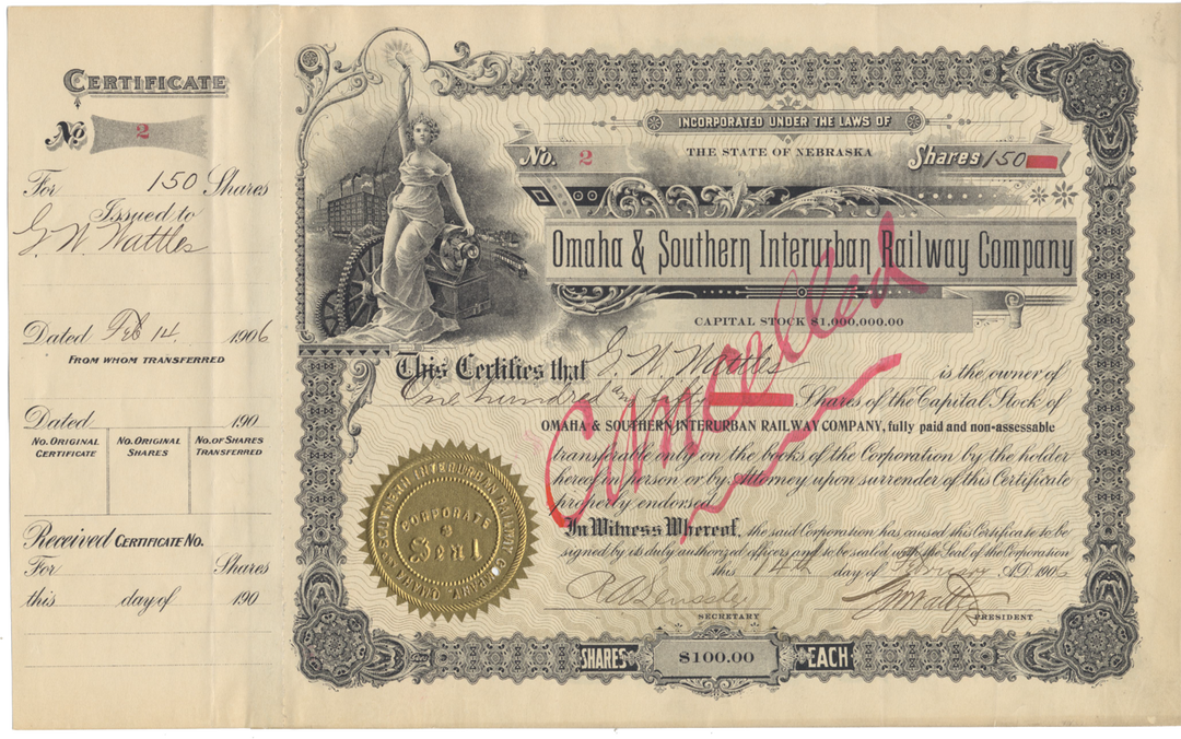 Omaha & Southern Interurban Railway Company Stock Certificate