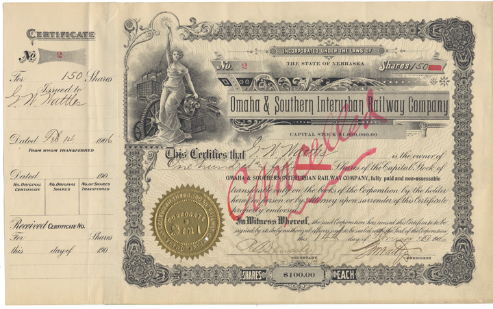 Omaha & Southern Interurban Railway Company Stock Certificate