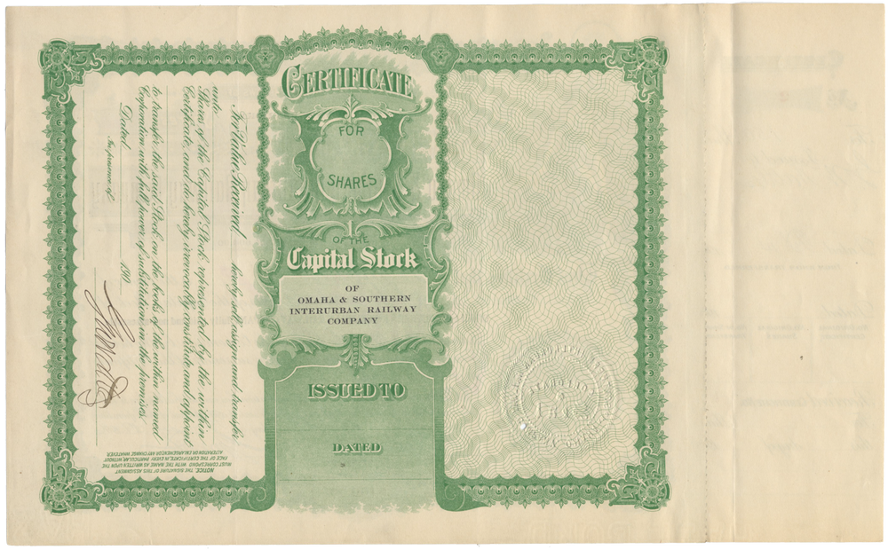 Omaha & Southern Interurban Railway Company Stock Certificate