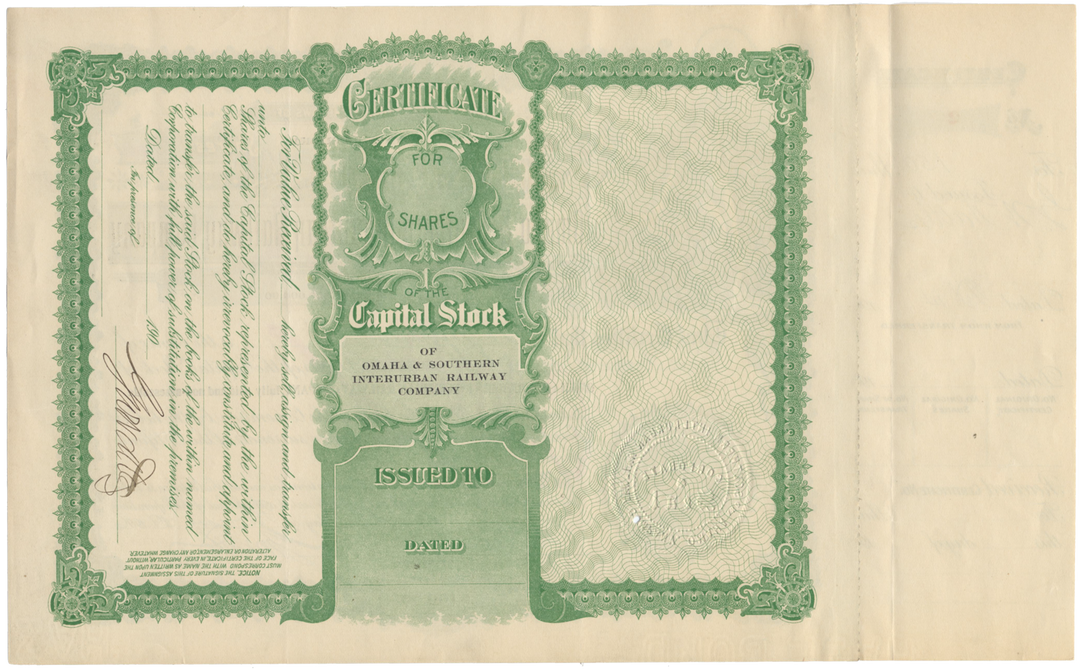 Omaha & Southern Interurban Railway Company Stock Certificate