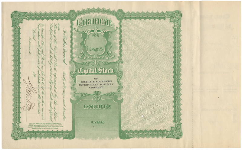 Omaha & Southern Interurban Railway Company Stock Certificate