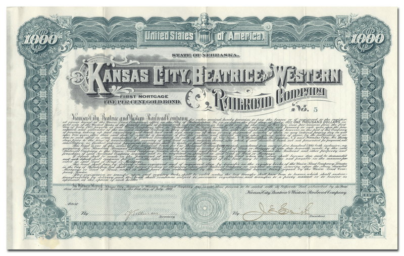 Kansas City, Beatrice and Western Railroad Company Bond Certificate