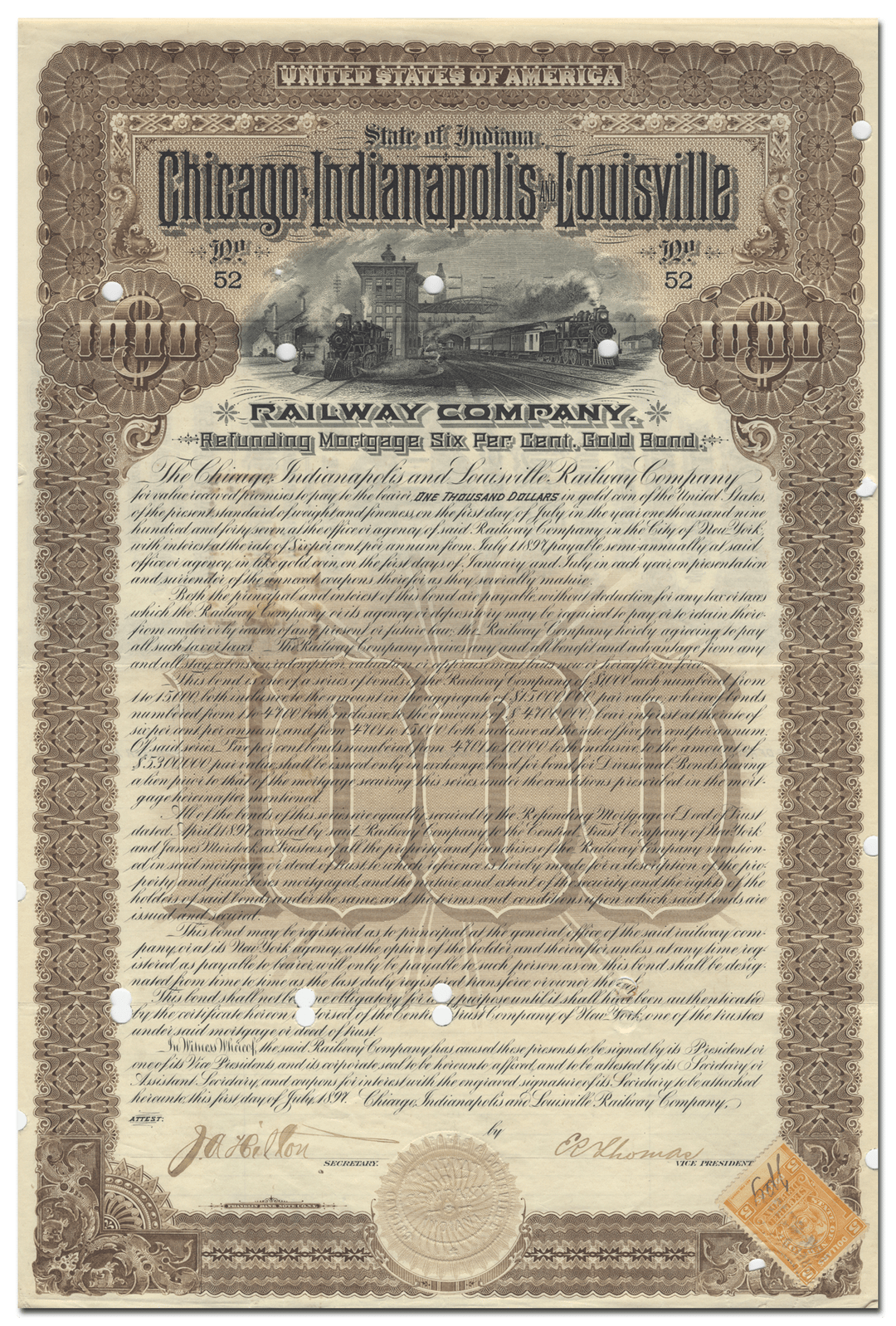 Chicago, Indianapolis and Louisville Railway Company Bond Certificate