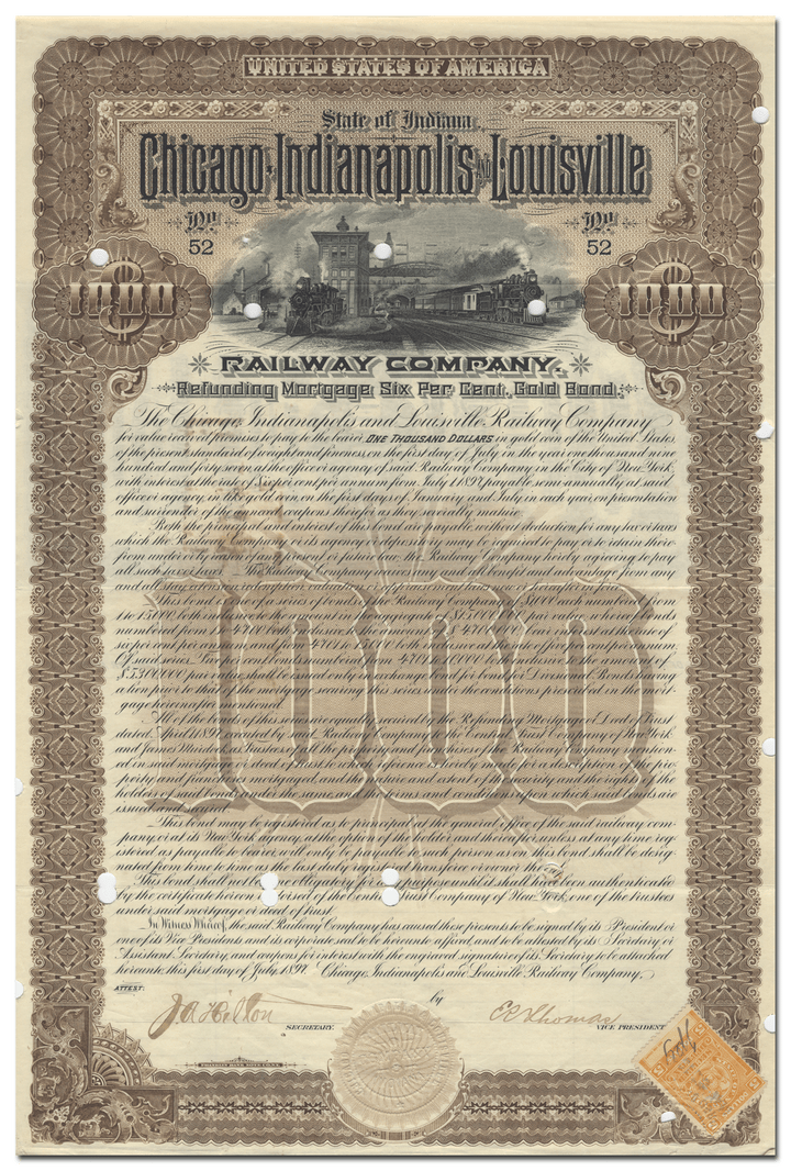 Chicago, Indianapolis and Louisville Railway Company Bond Certificate