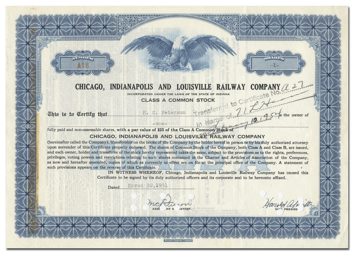 Chicago, Indianapolis and Louisville Railway Company Stock Certificate