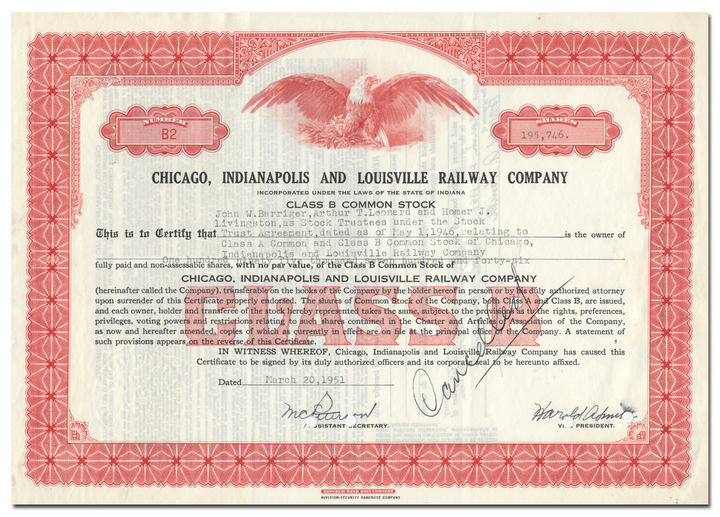 Chicago, Indianapolis and Louisville Railway Company Stock Certificate