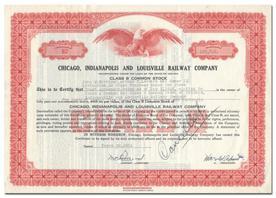 Chicago, Indianapolis and Louisville Railway Company Stock Certificate