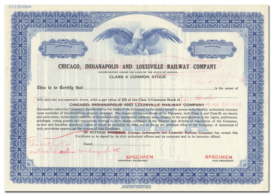 Chicago, Indianapolis and Louisville Railway Company Specimen Stock Certificate