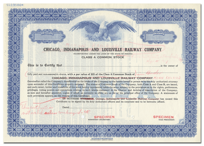 Chicago, Indianapolis and Louisville Railway Company Specimen Stock Certificate
